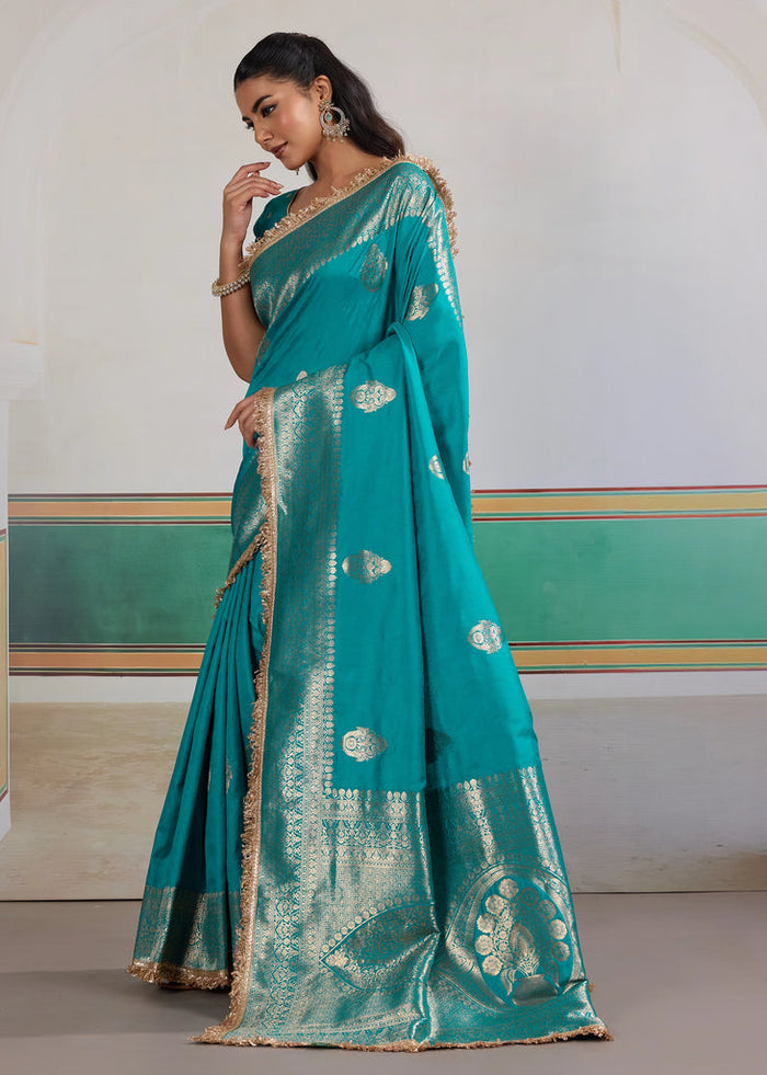 Cyan Bue Woven Banarasi Satin Silk Saree Japan Satin Saree Anant Tex Exports Pvt.Ltd..