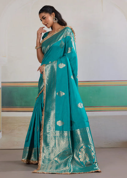 Cyan Bue Woven Banarasi Satin Silk Saree Japan Satin Saree Anant Tex Exports Pvt.Ltd..