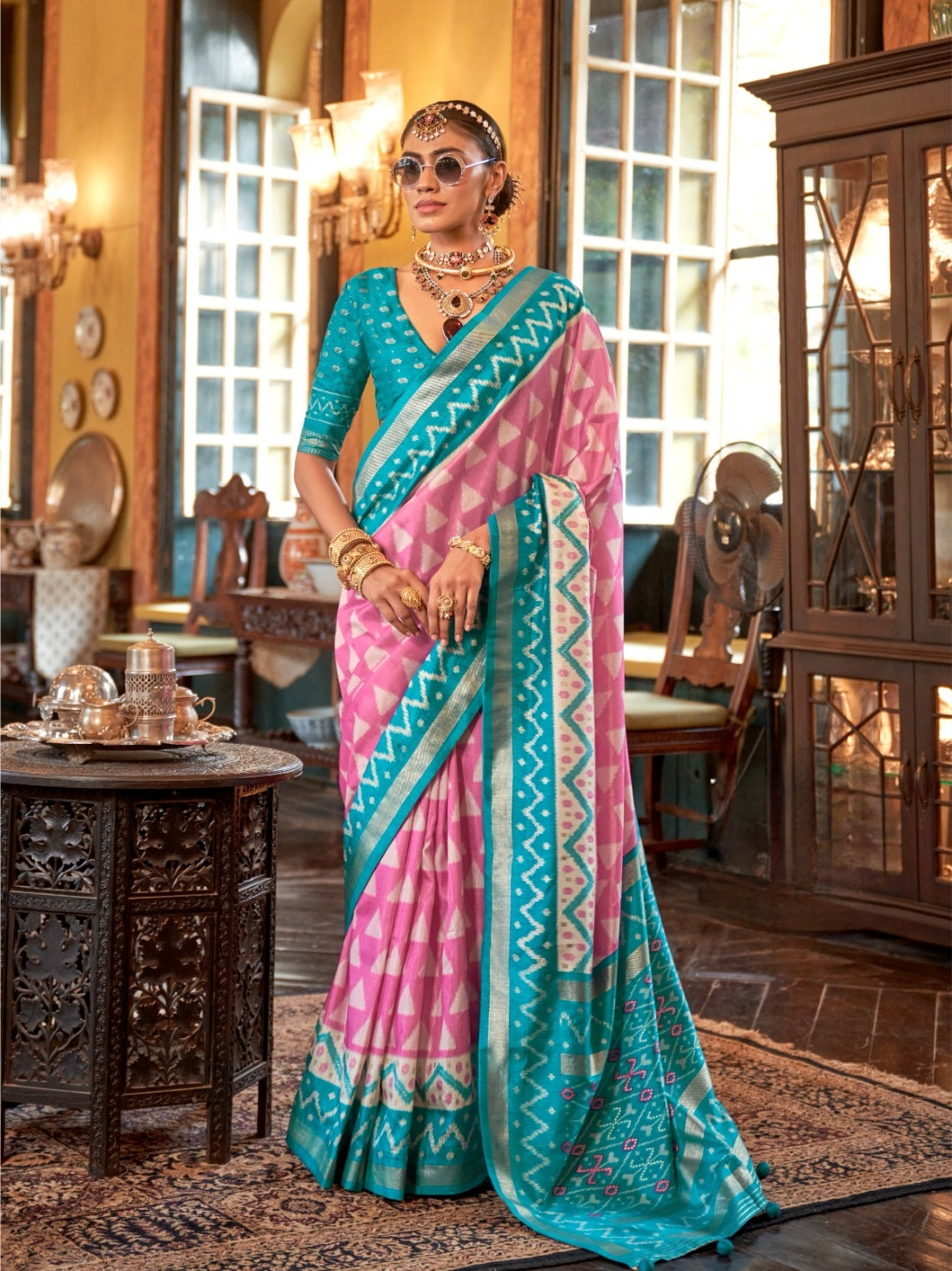 Baby Pink &amp; Blue Designer Patola Silk Saree