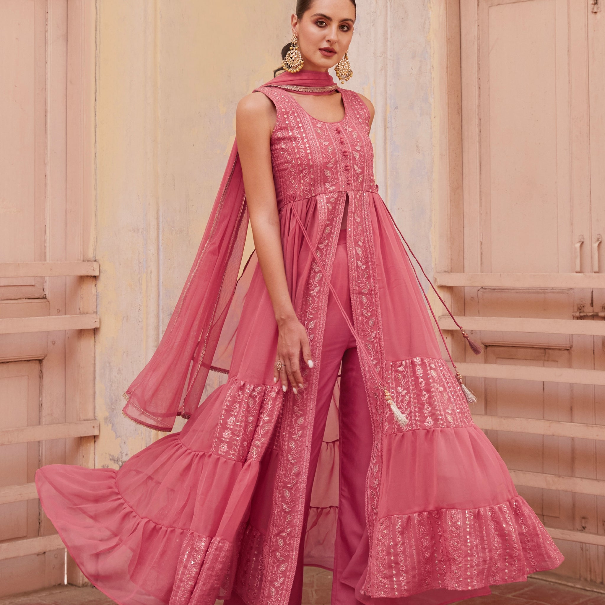 Gajri Anarkali Gown In Georgette With Thread & Zari Embroidery