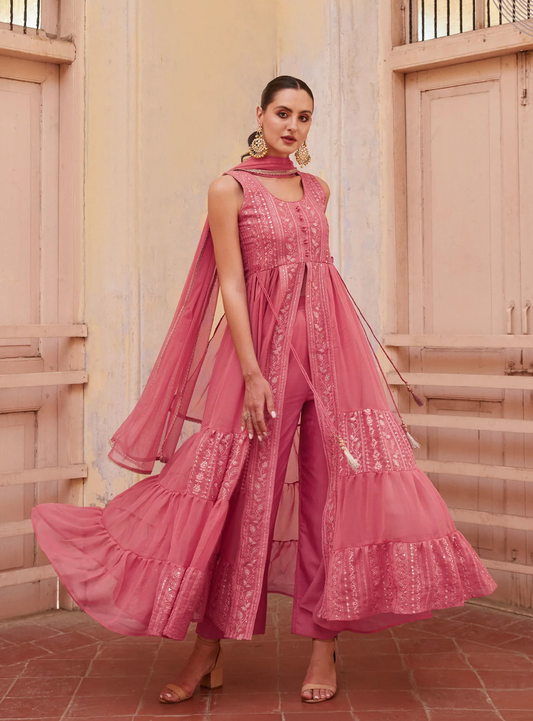 Gajri Anarkali Gown In Georgette With Thread &amp; Zari Embroidery
