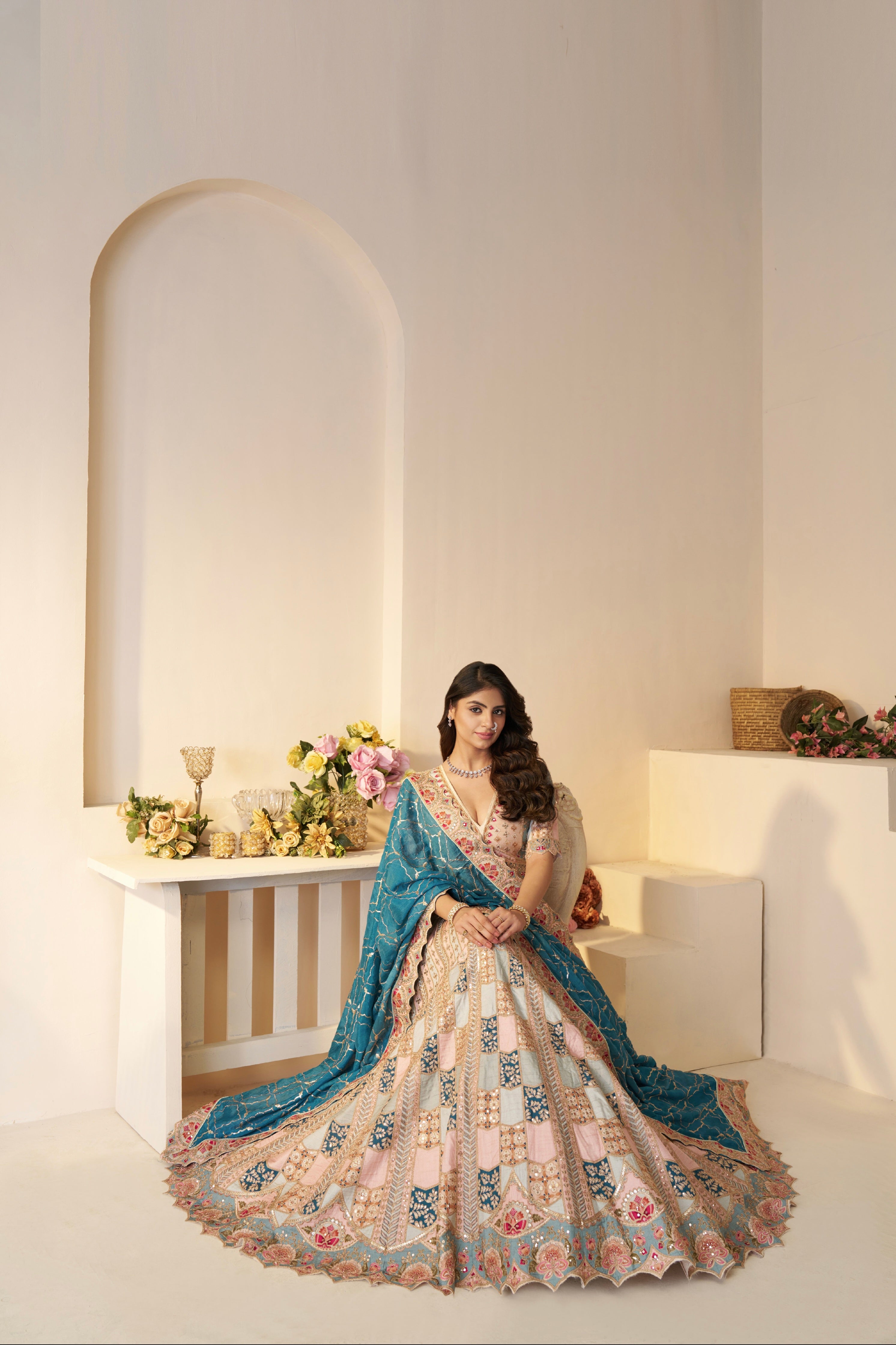 Pastel Bridal Lehenga with Sky Blue Dupatta
