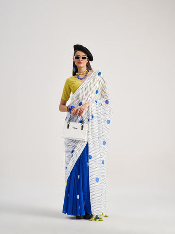Royal blue and white georgette saree with blue dots

