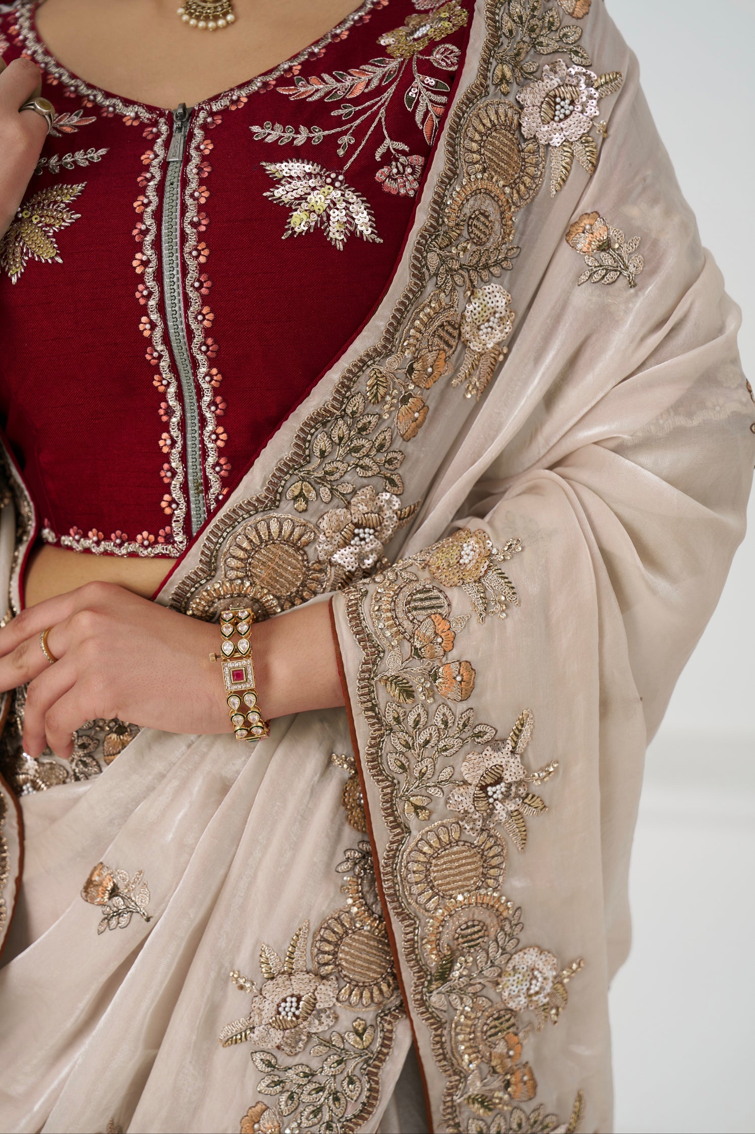 Designer Fendi silk saree in chiku shade