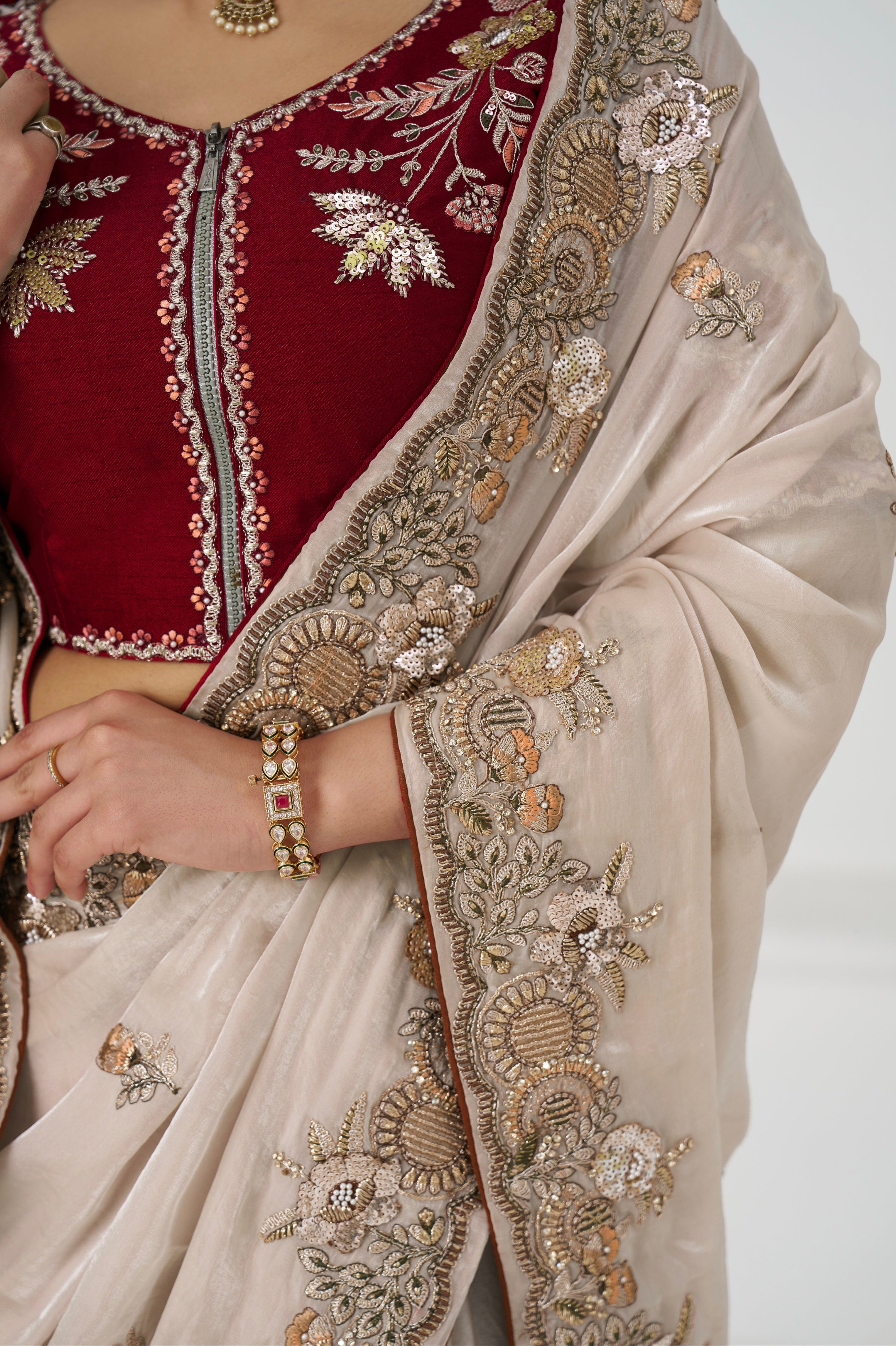 Designer Fendi silk saree in chiku shade