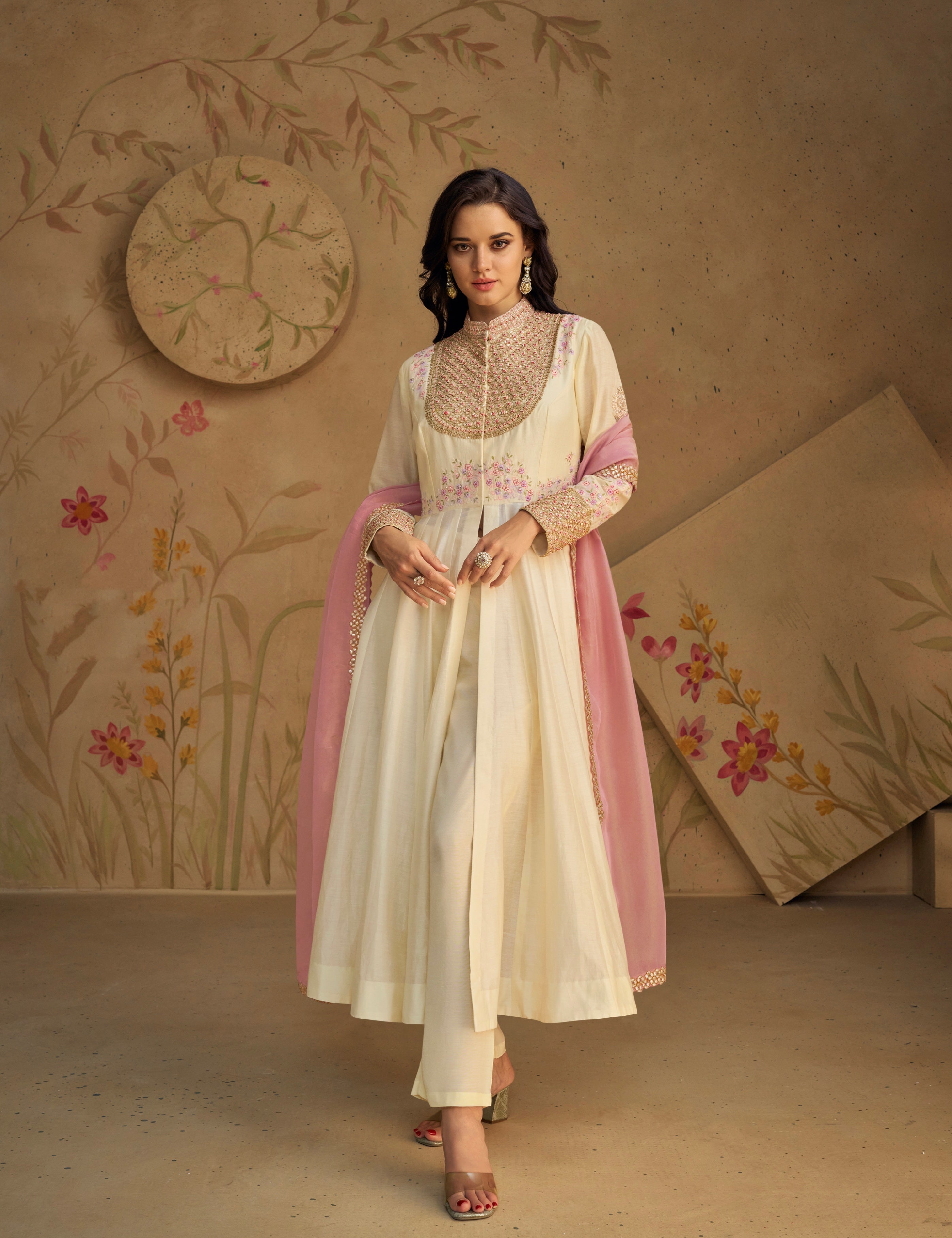 Ivory Pure Silk Anarkali Suit with Pink Embroidered Dupatta