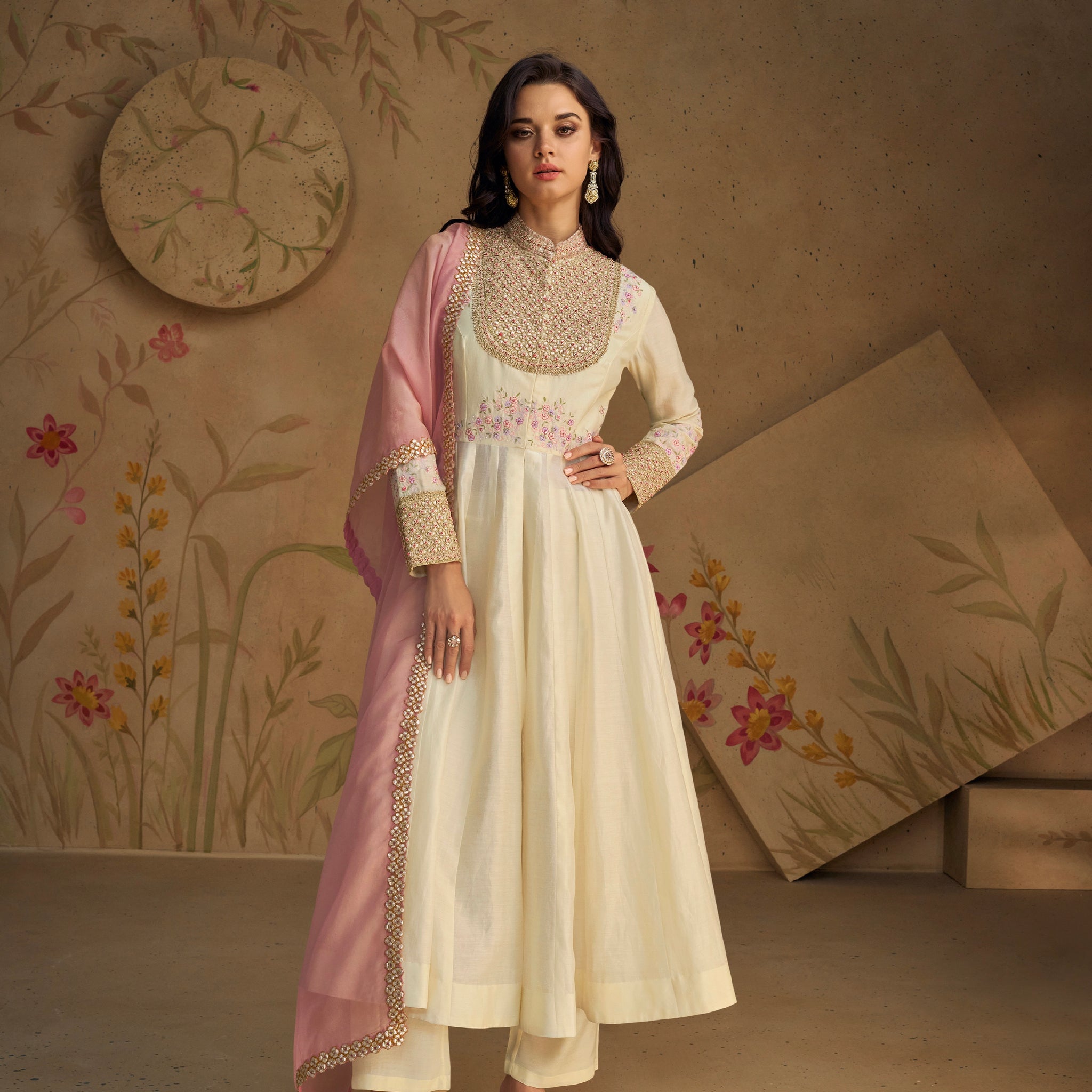 Ivory Pure Silk Anarkali Suit with Pink Embroidered Dupatta