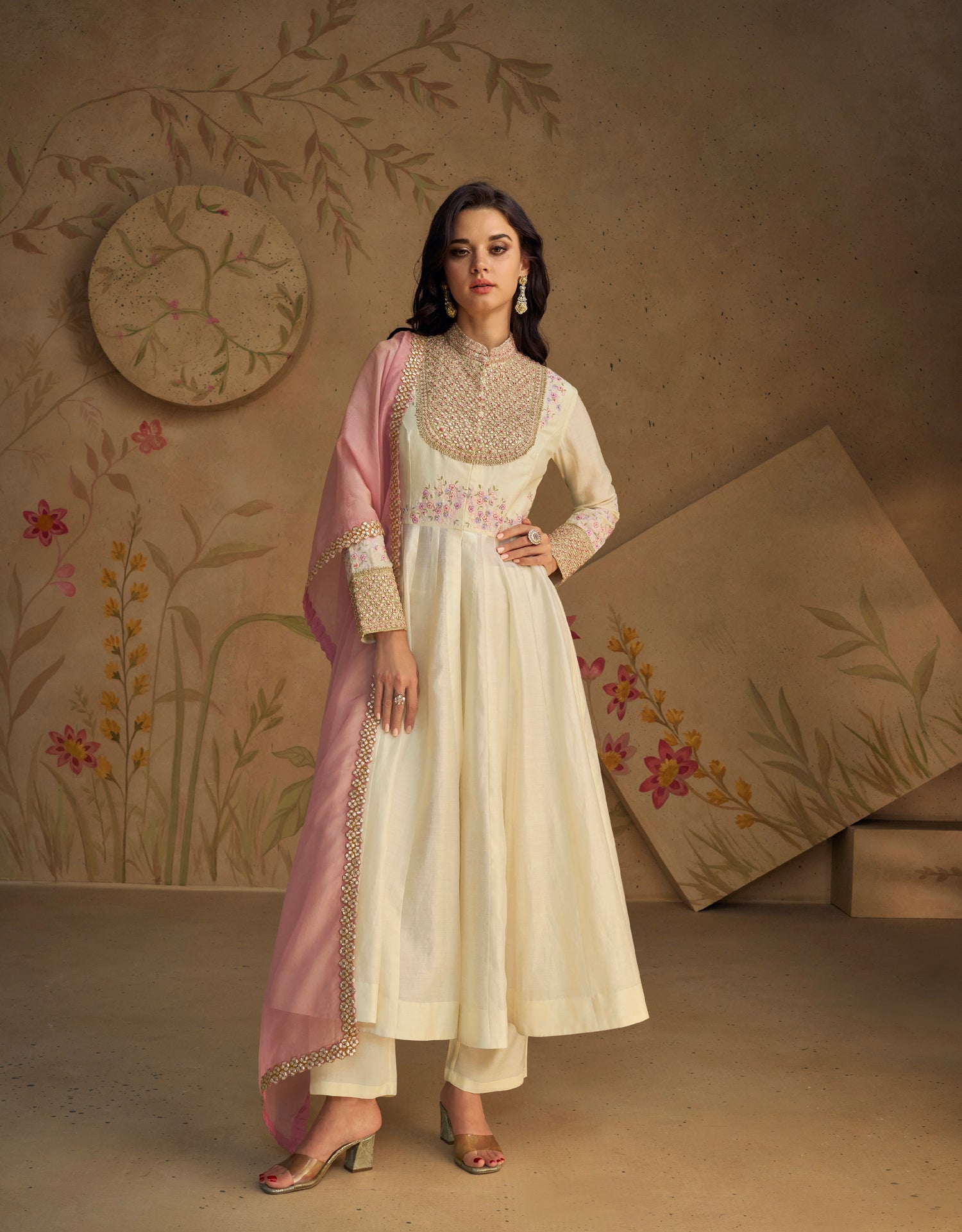 Ivory Pure Silk Anarkali Suit with Pink Embroidered Dupatta L-40