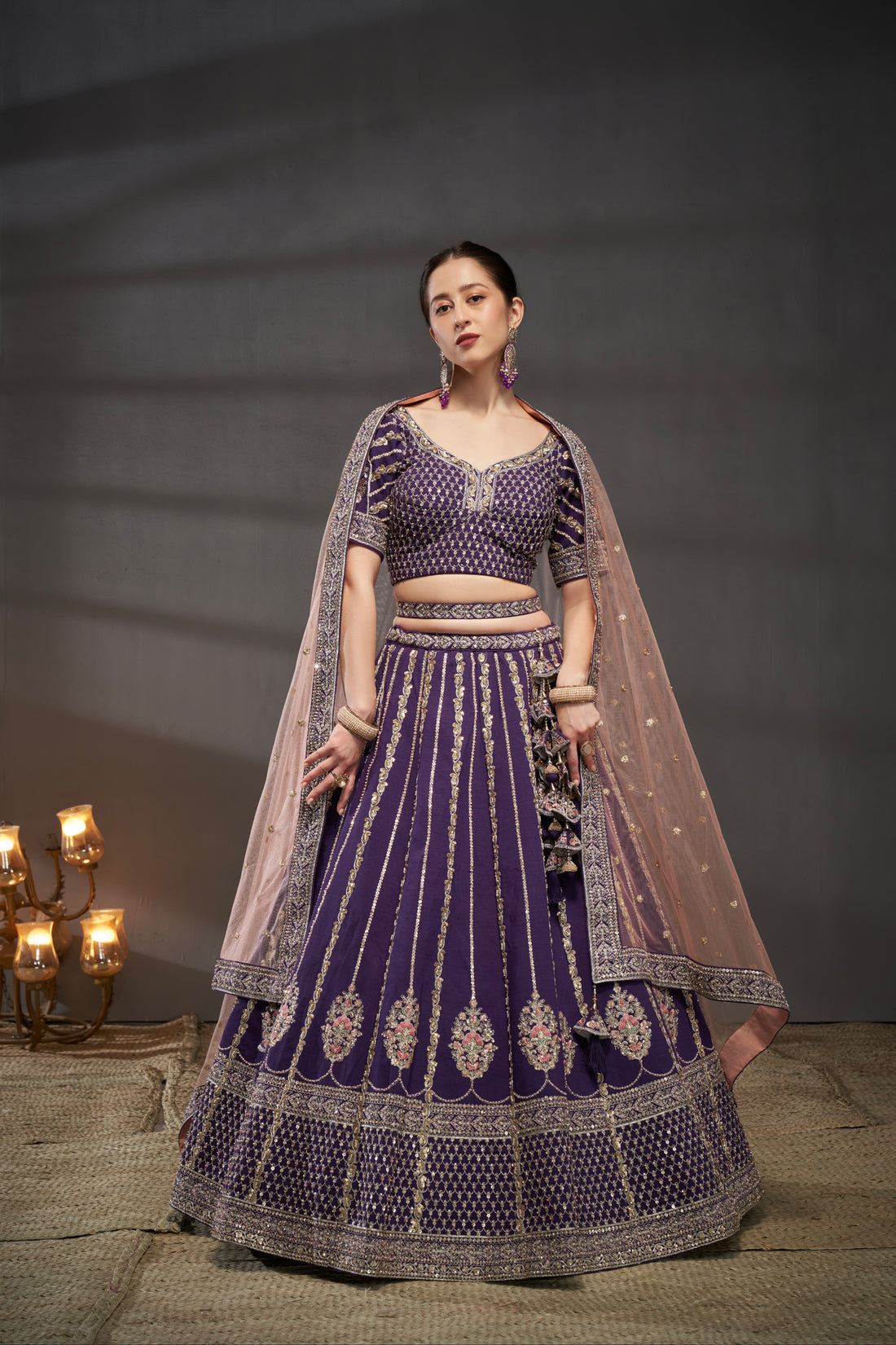 Purple Pure Silk &amp; Heavy Embroidery Bridal Lehenga &amp; Dupatta