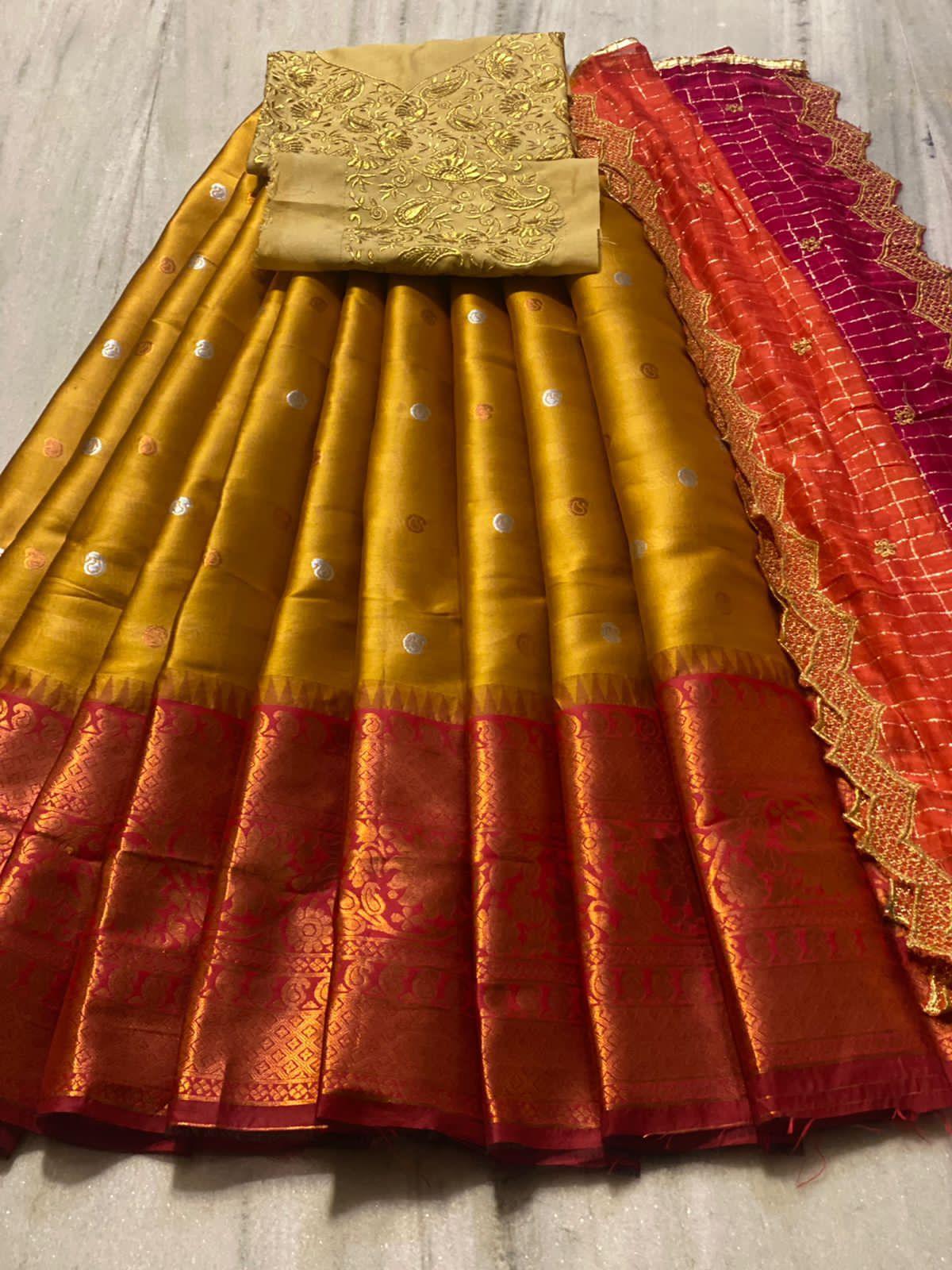 Beautiful Kanjiveram Silk Pure Zari HALF Saree with Blouse Along With Dupptta - Anant Exports