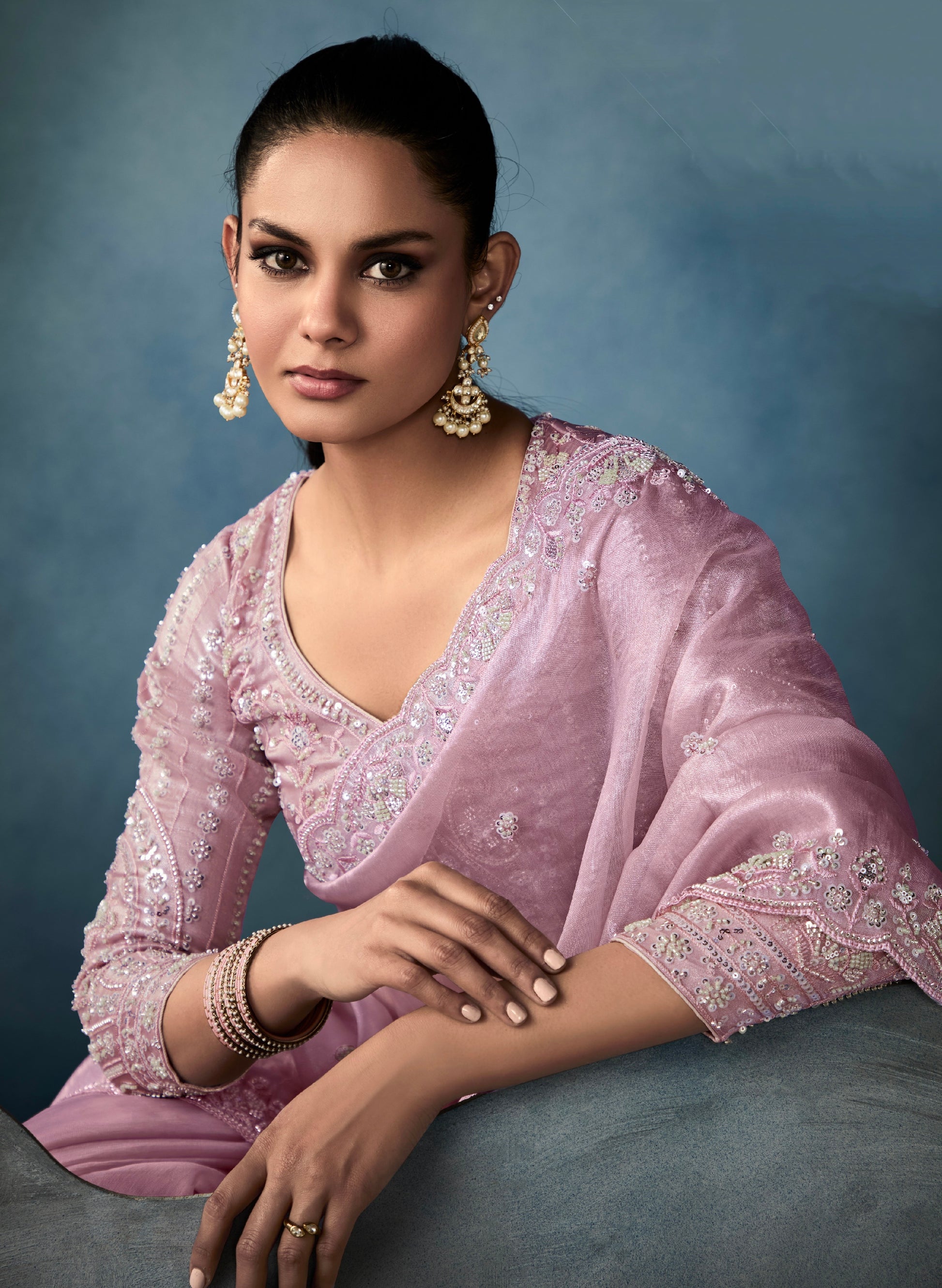Designer mauve saree with satin blouse and cutwork

