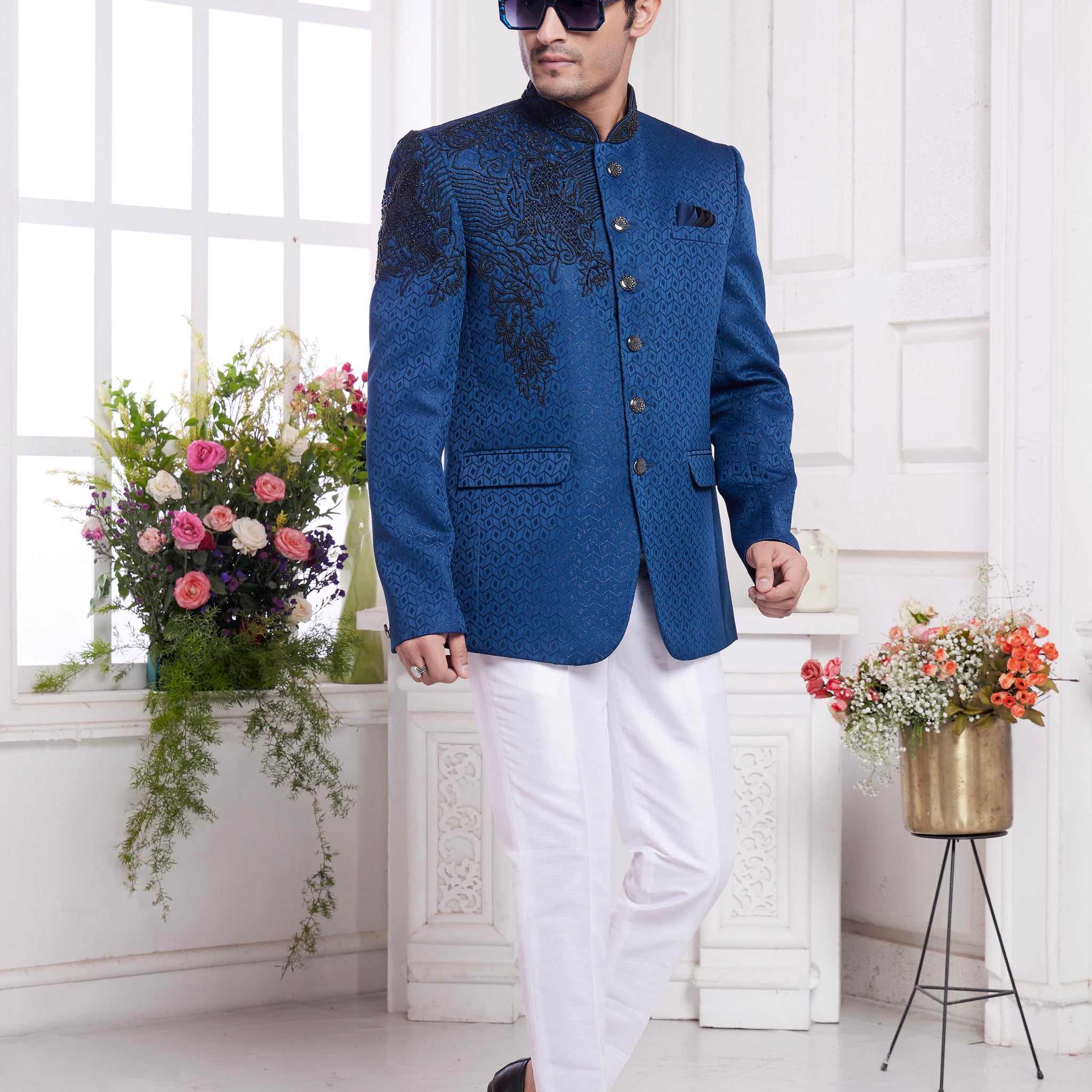 Royal blue embroidered jodhpuri suit for men

