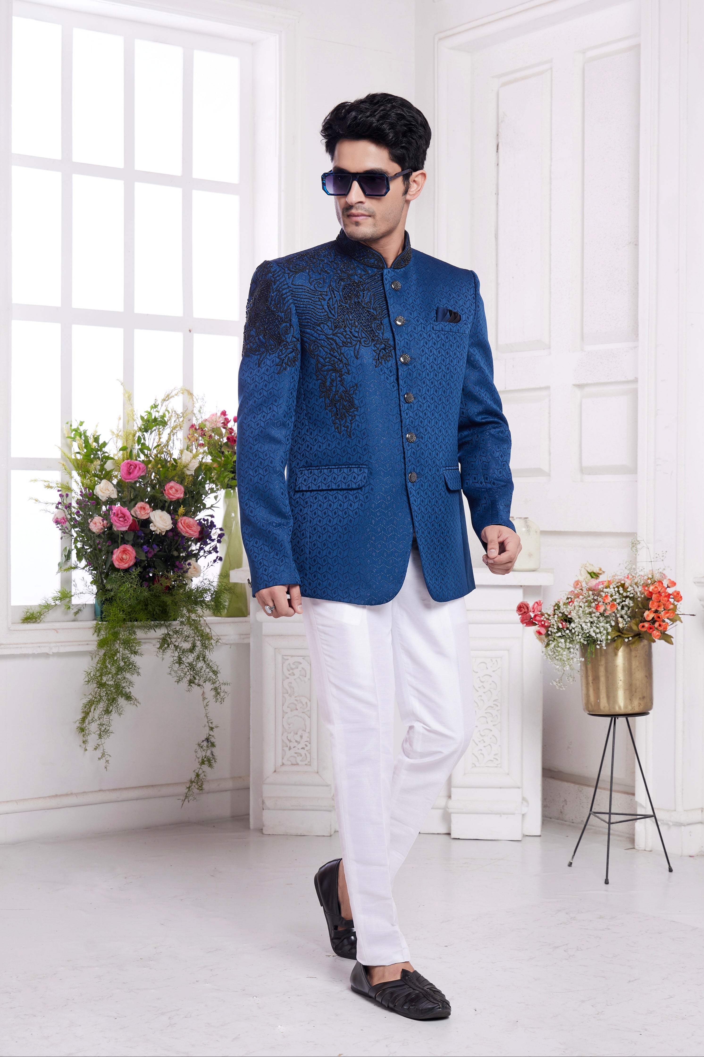Royal blue embroidered jodhpuri suit for men

