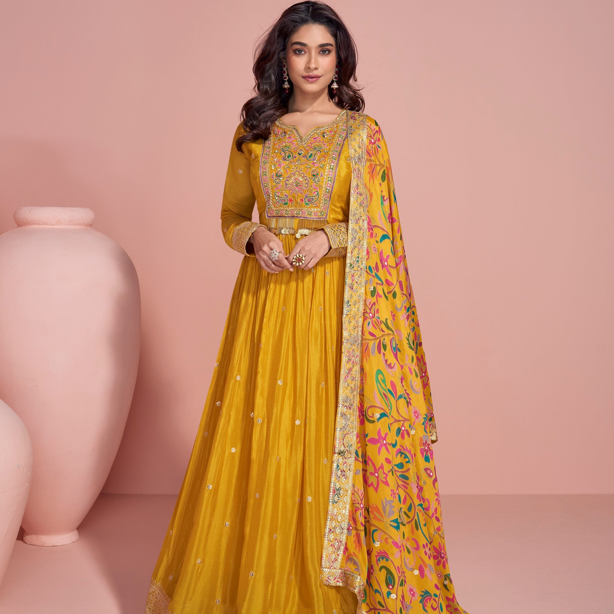 Mustard Yellow Heavy Embroidered Anarkali Gown