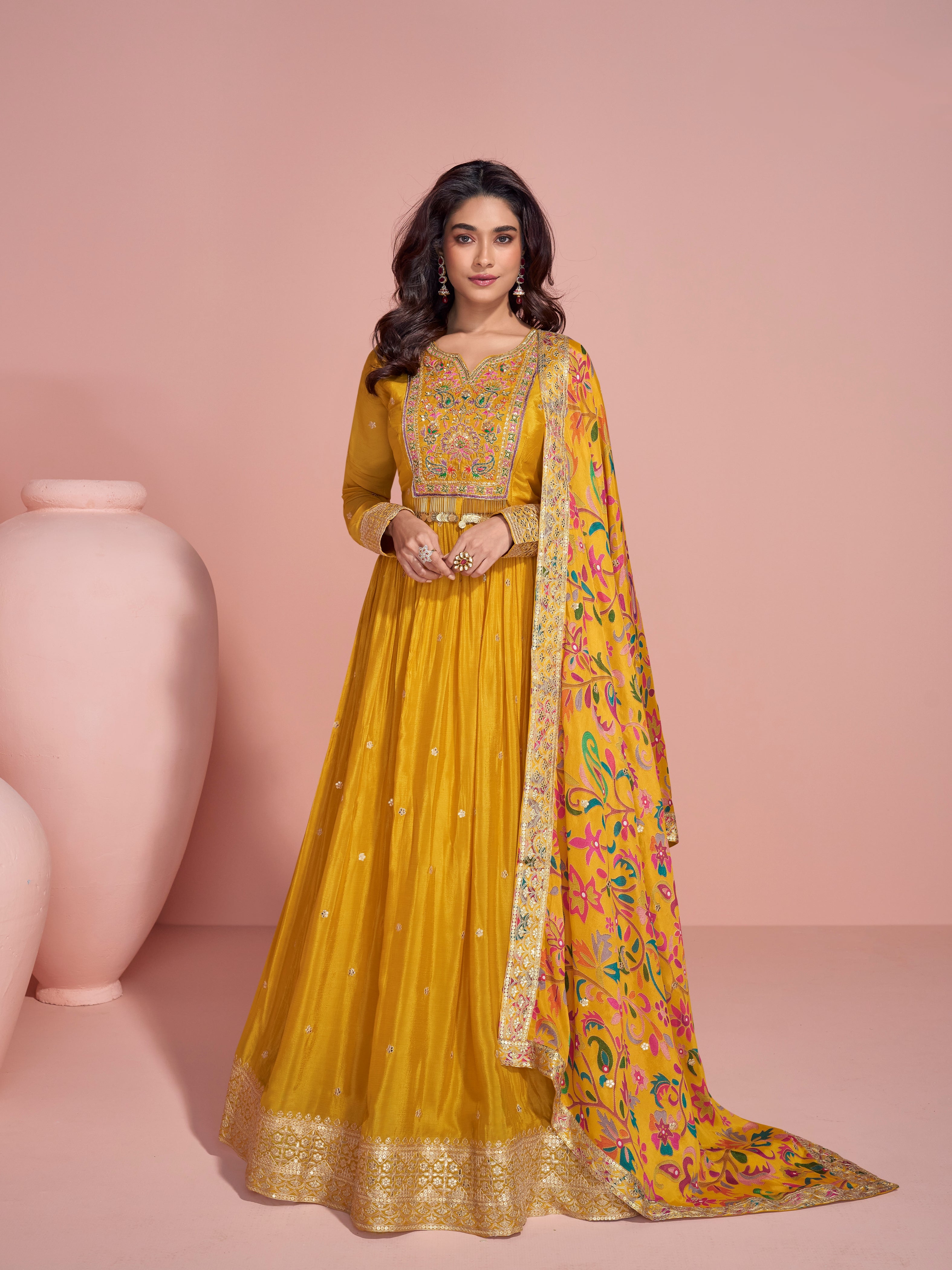 Mustard Yellow Heavy Embroidered Anarkali Gown