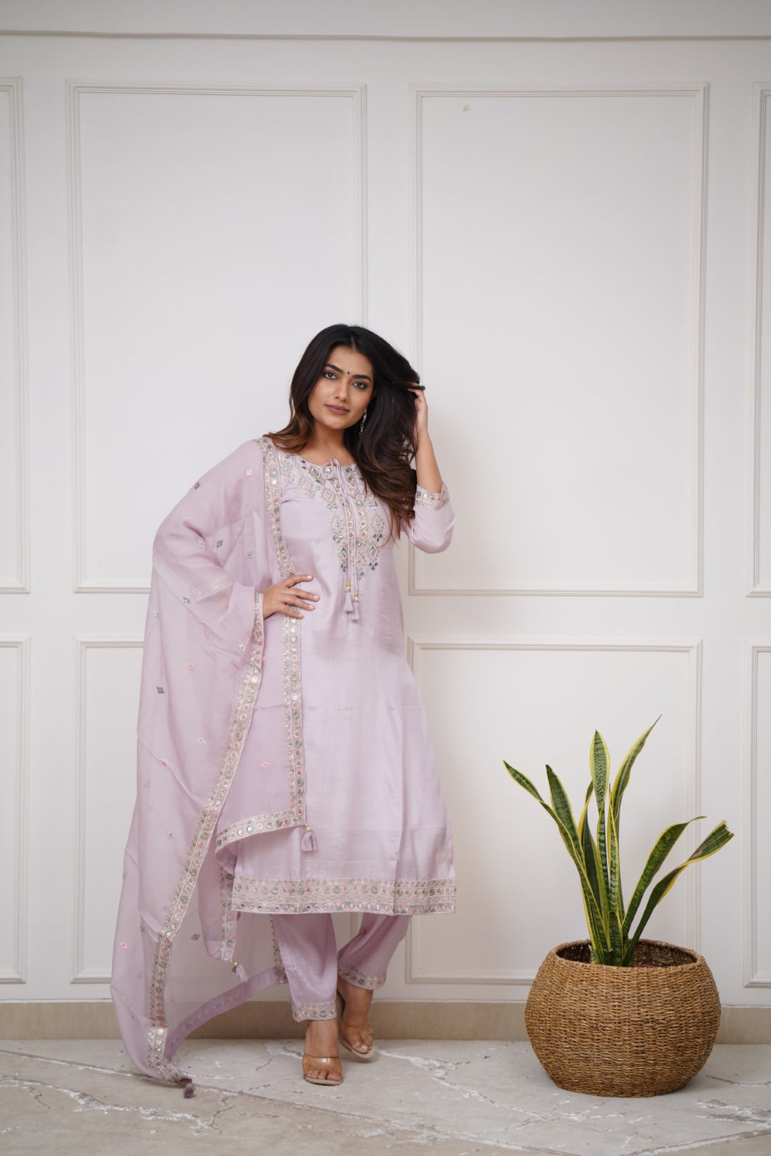 Lilac Viscose Chanderi Kurti Set with Organza Silk Dupatta