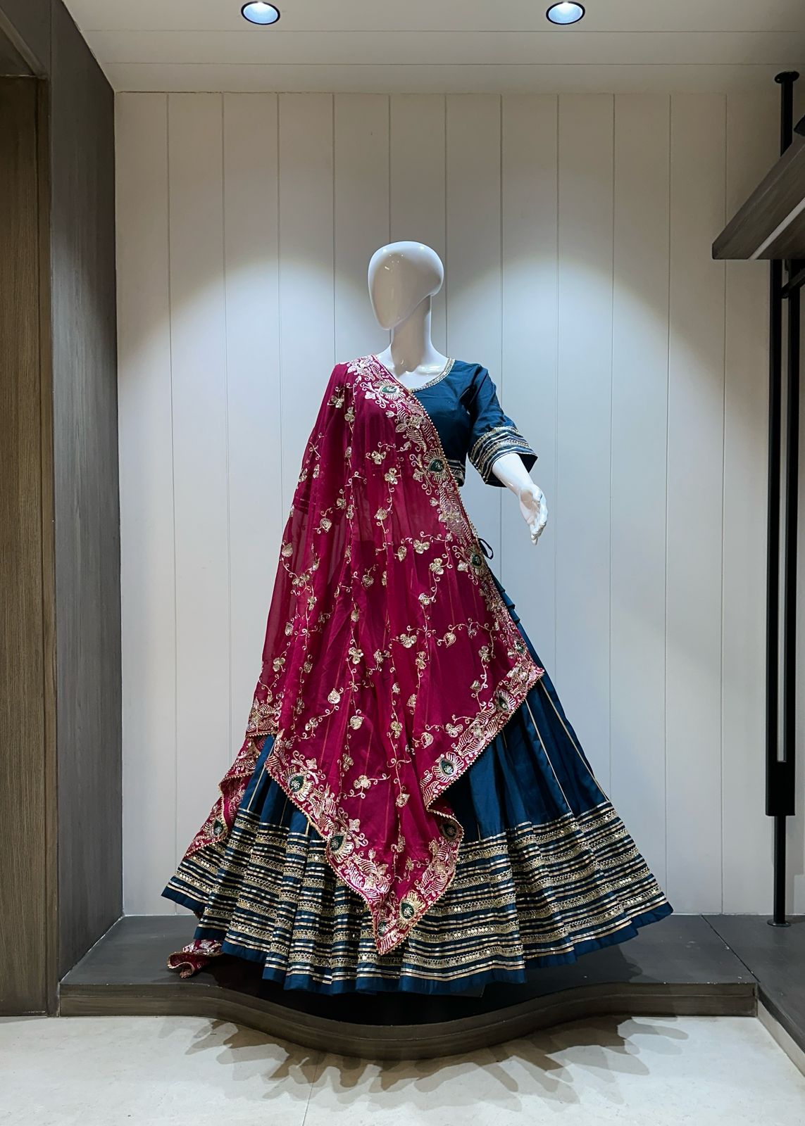 Navy blue chaniya choli with pink dupatta front view

