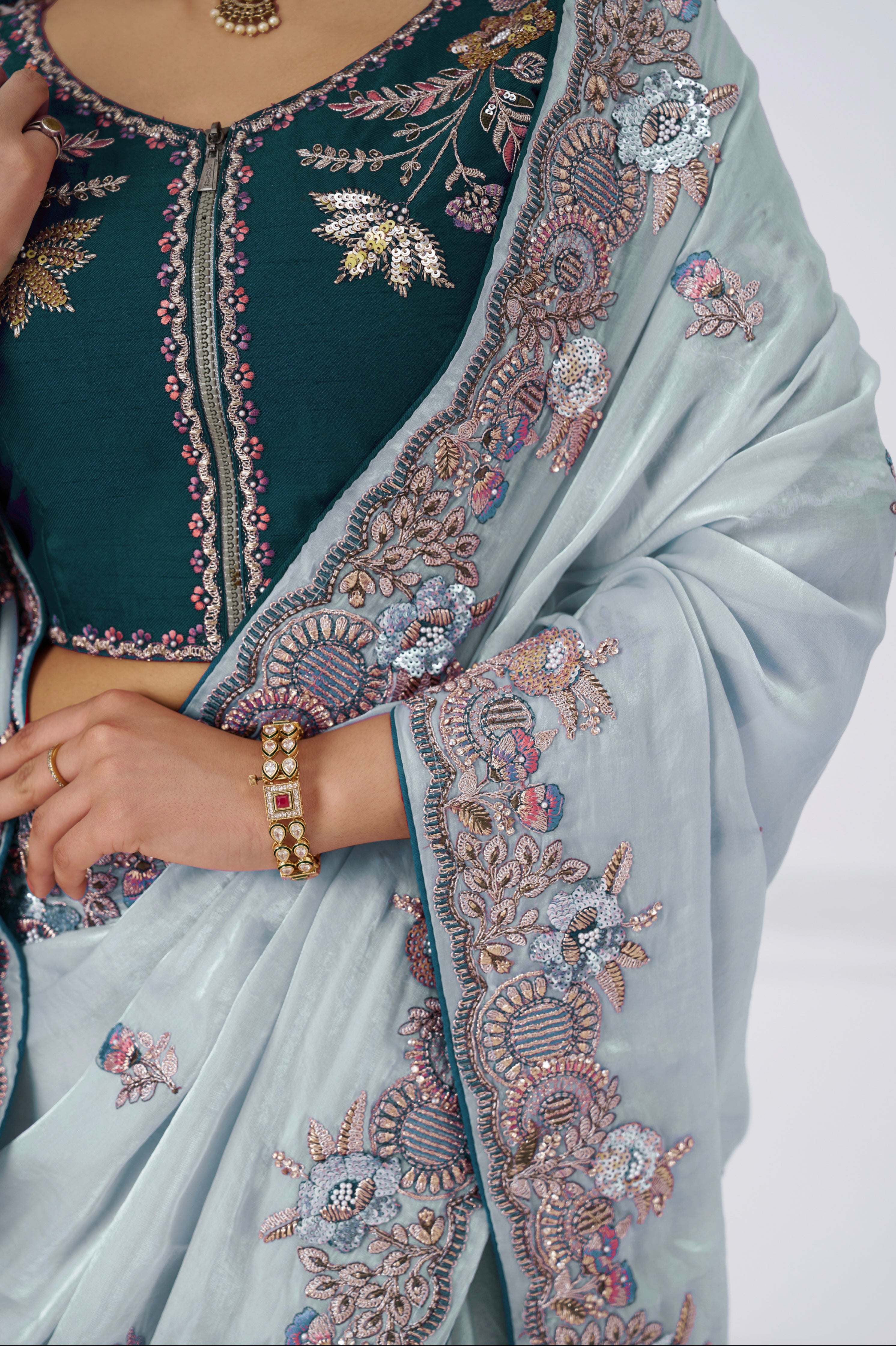 Designer grey saree with embroidery work