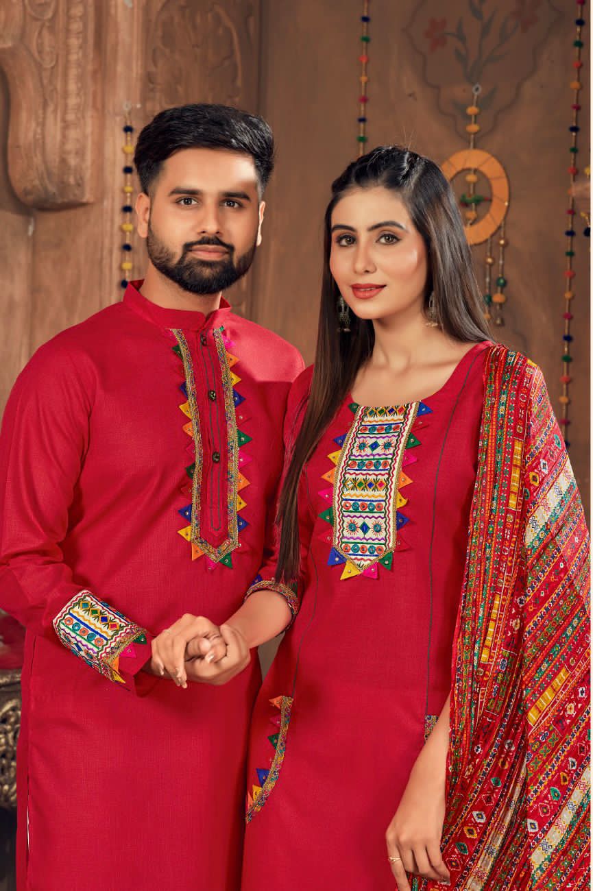 Navratri Special Couple combo of Kurta with Pajama & Kurti with Pants & Dupatta Dress