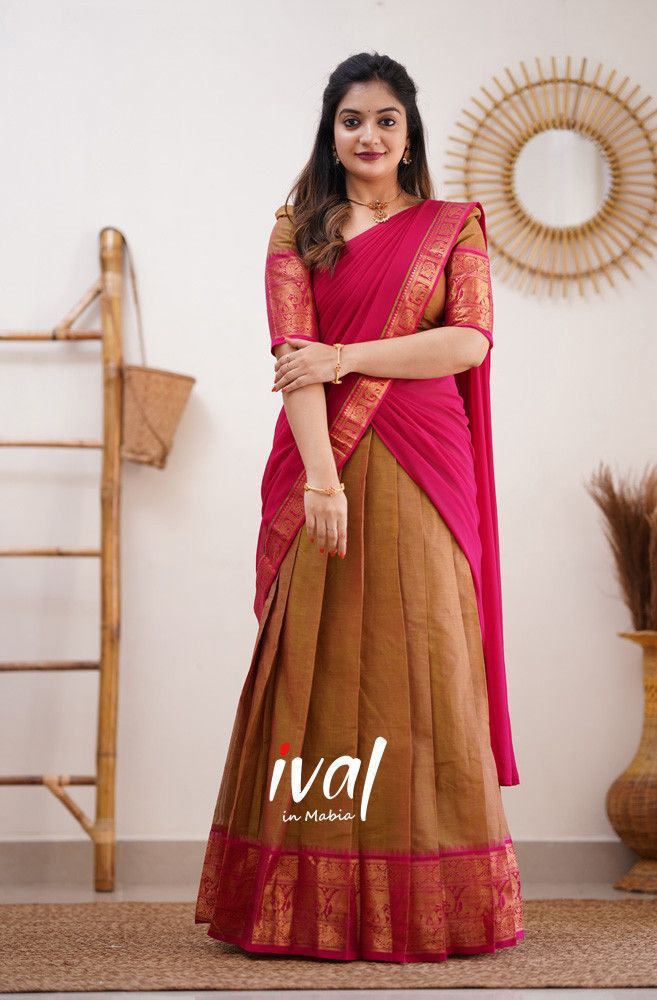 Beautiful Kanjiveram Silk Pure Zari HALF Saree with Blouse Along With Dupptta