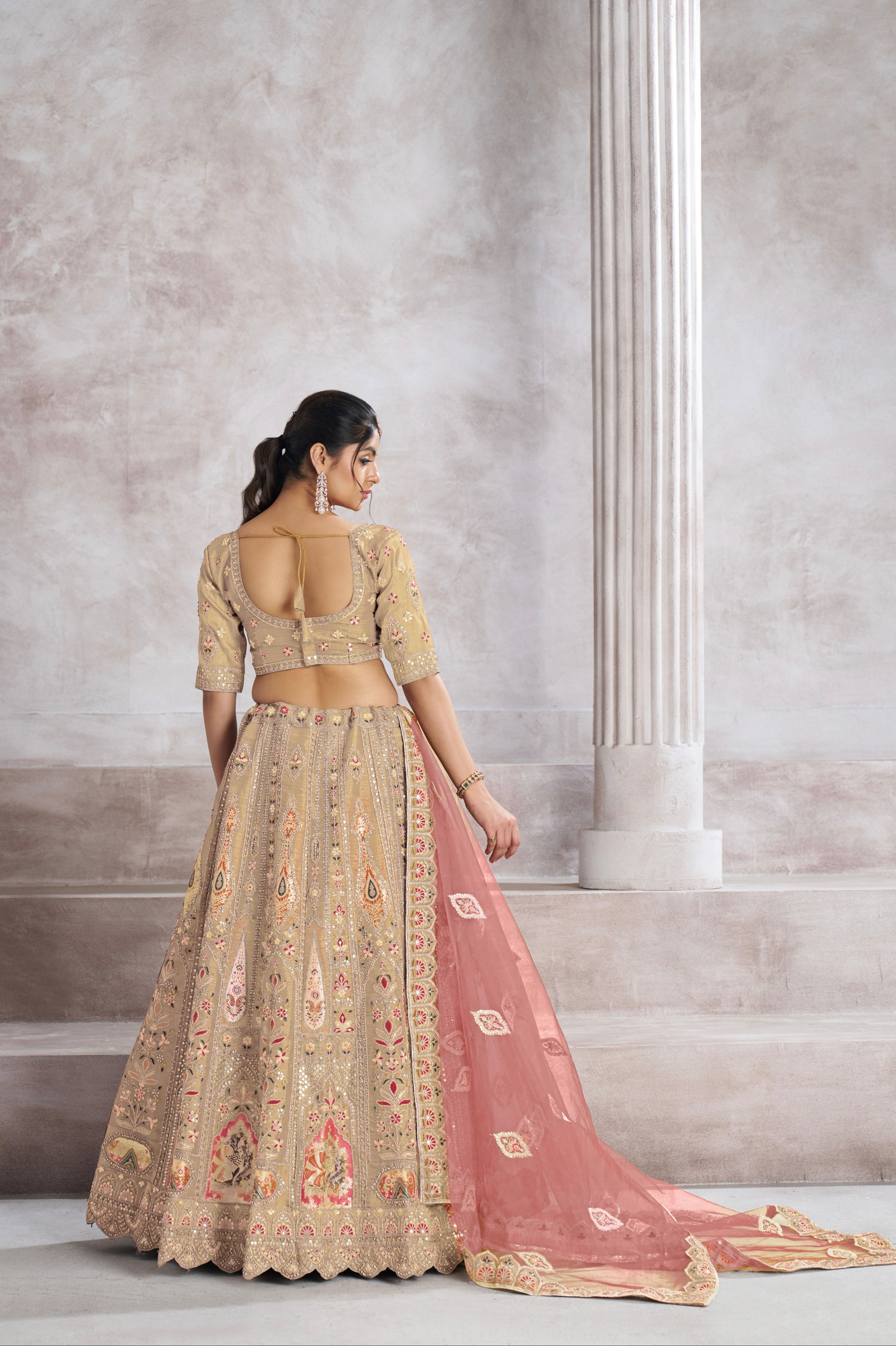 Chiku Banarasi Silk Lehenga with Aari Embroidery