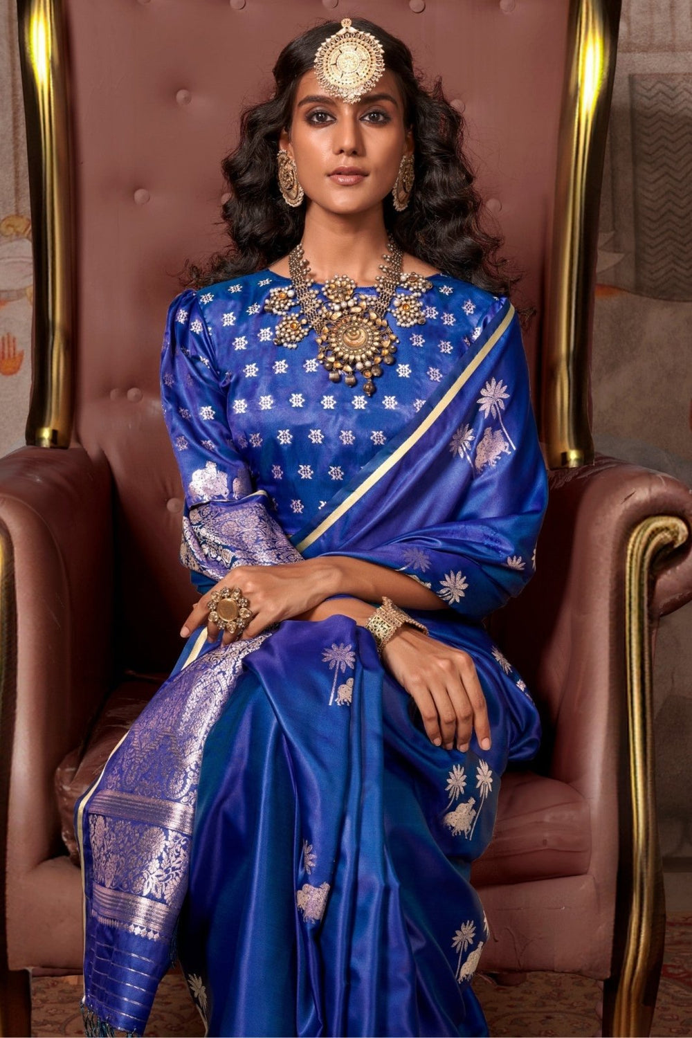 Royal Blue Pure Satin Handloom Weaving Saree 