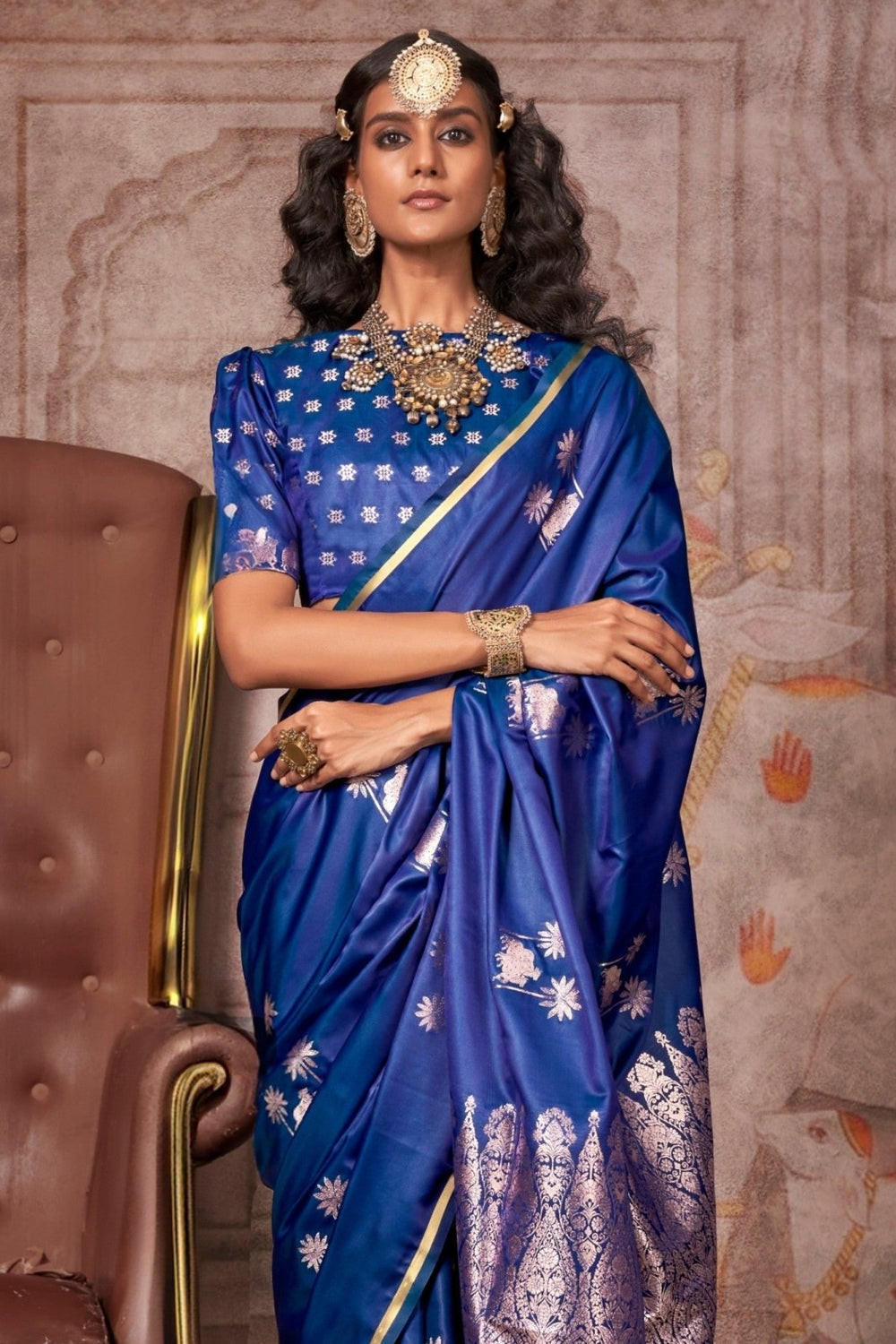 Royal Blue Pure Satin Handloom Weaving Saree 