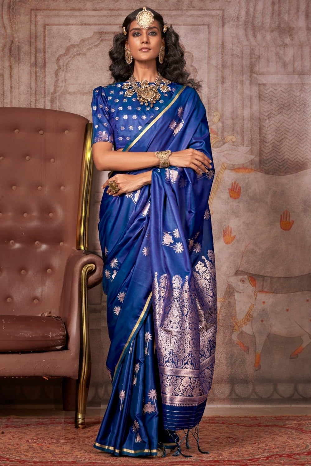 Royal Blue Pure Satin Handloom Weaving Saree 