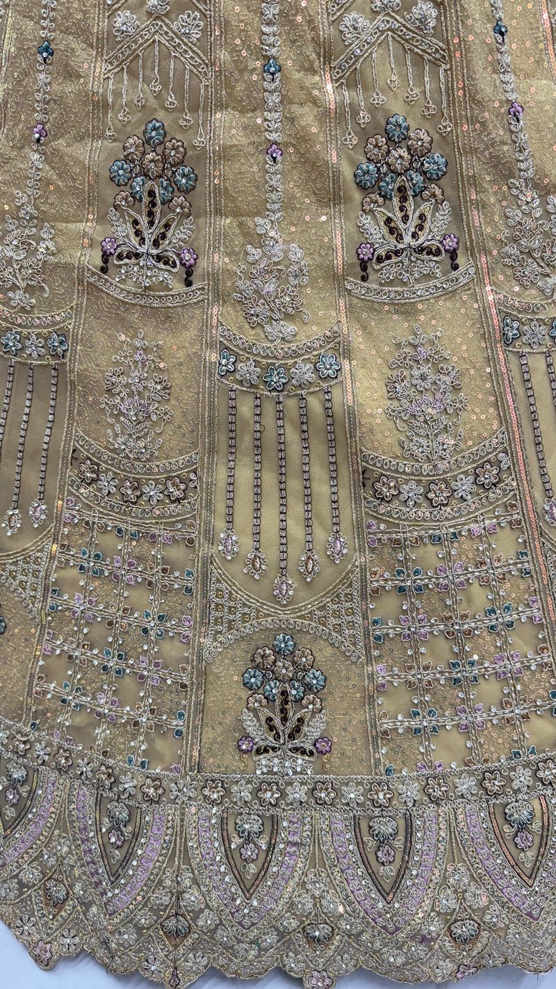 Golden Pure Soft Heavy Net Fancy Embroidery Work Bridal Lehenga Choli