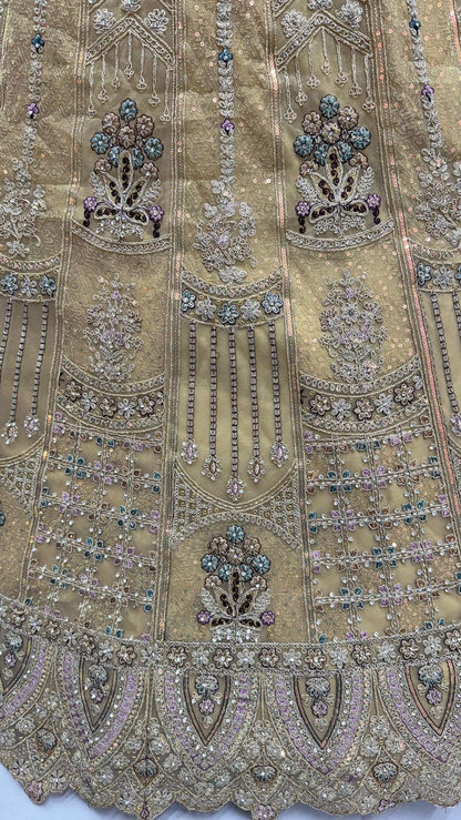 Golden Pure Soft Heavy Net Fancy Embroidery Work Bridal Lehenga Choli