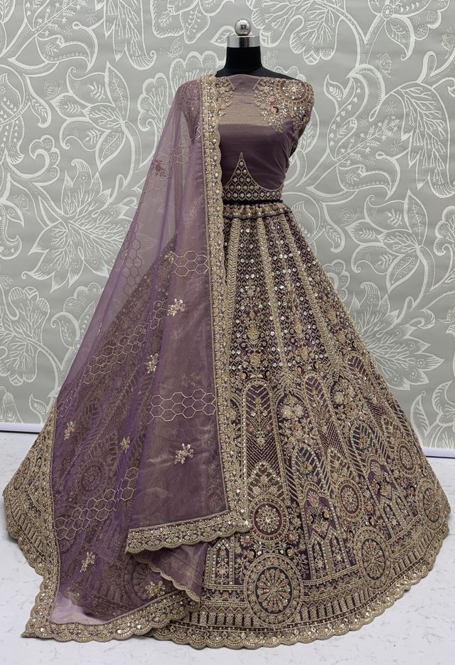 Purple Pure Soft Heavy Net Sequins Embroidery Work Bridal Lehenga 