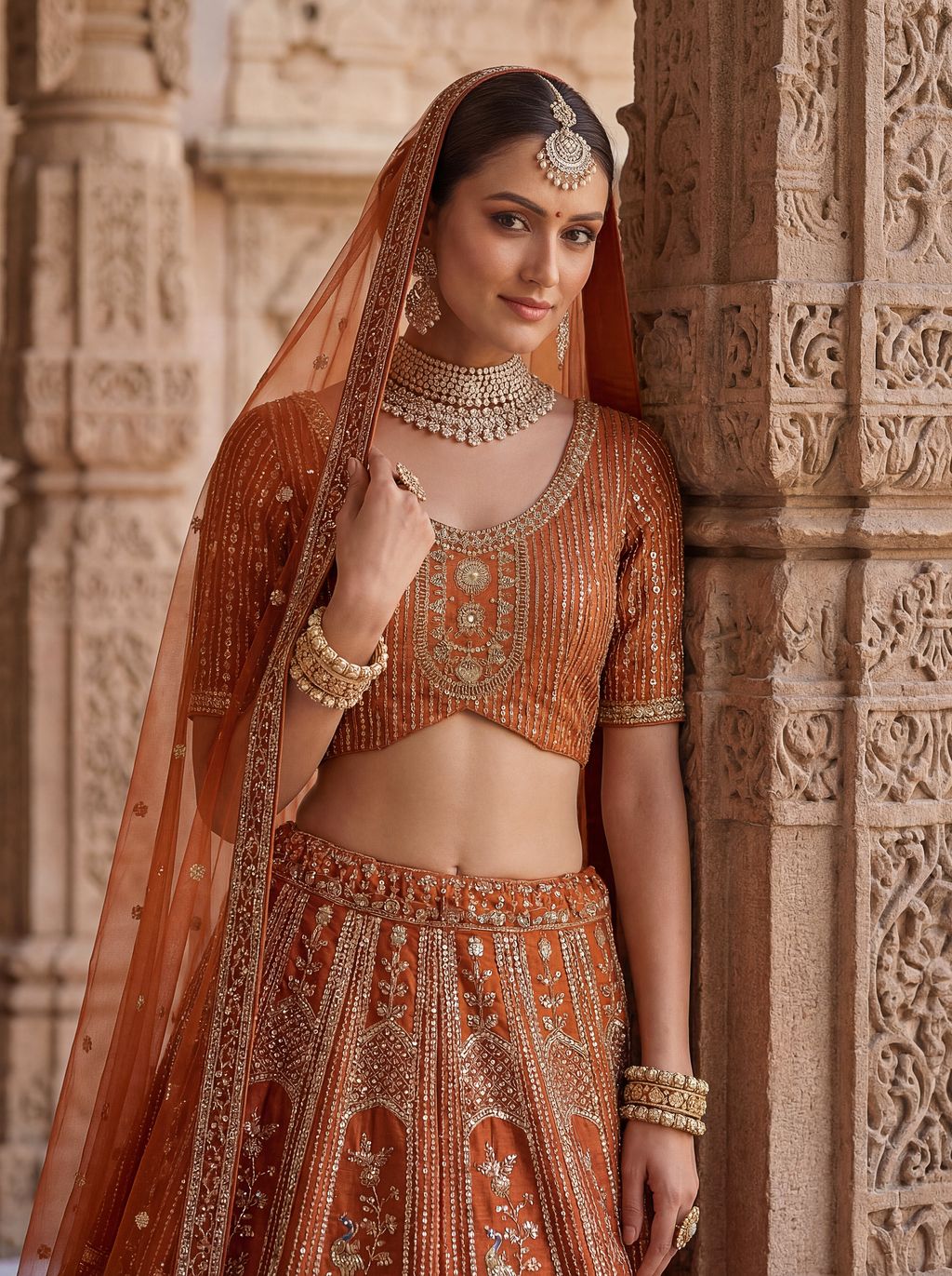 Orange Pure Soft Silk Heavy Embroidery Work Bridal Lehenga