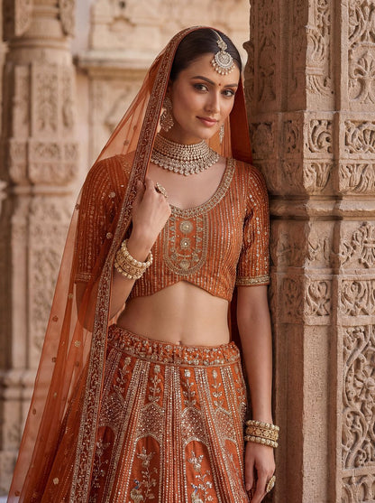 Orange Pure Soft Silk Heavy Embroidery Work Bridal Lehenga 