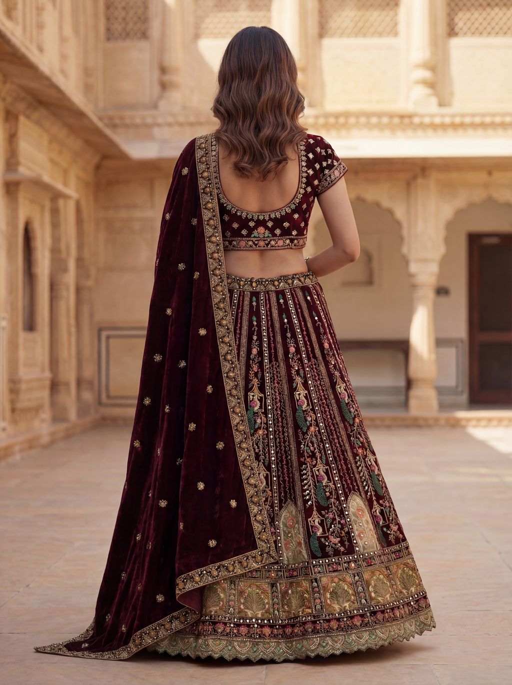 Wine Pure Soft Velvet Heavy Embroidery Patch Work Bridal Lehenga