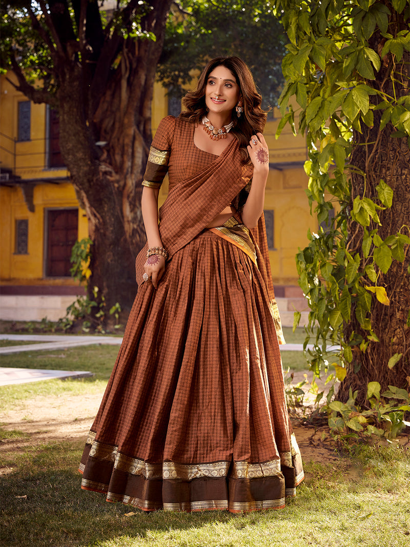 Rust Orange Color Chex With Zari weaving Work Chettinad Cotton Lehenga Chol 