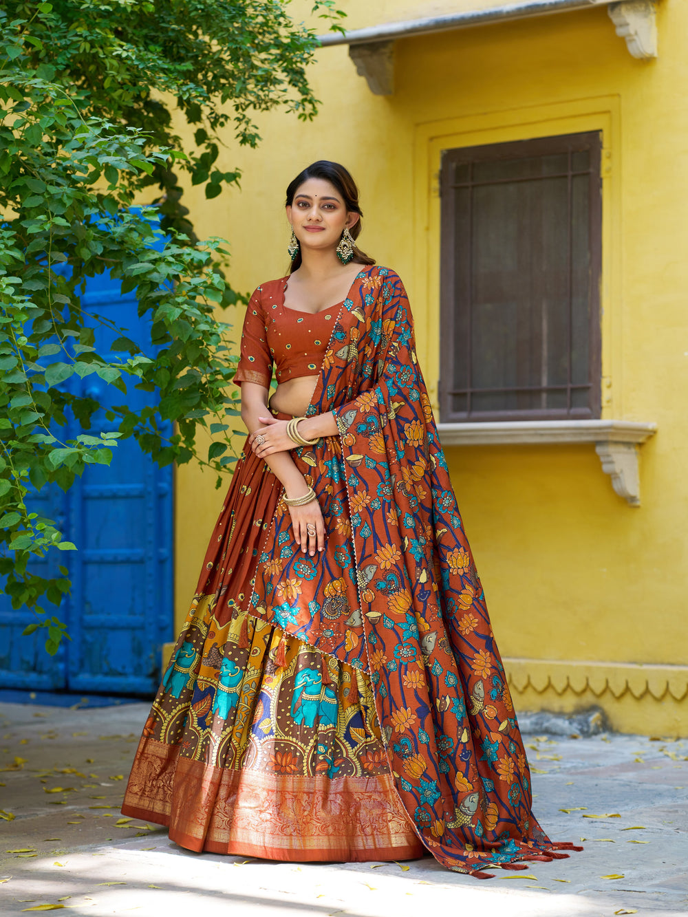 Rust Pure Tasar Silk Kalamkari Print With Foil Work Lehenga Choli