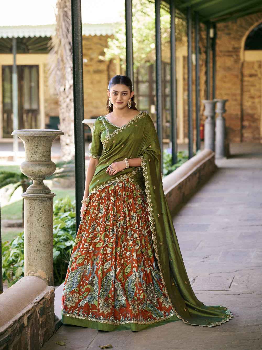 Rust Pure Soft Tussar Silk Kalamkari Print Lehenga Choli