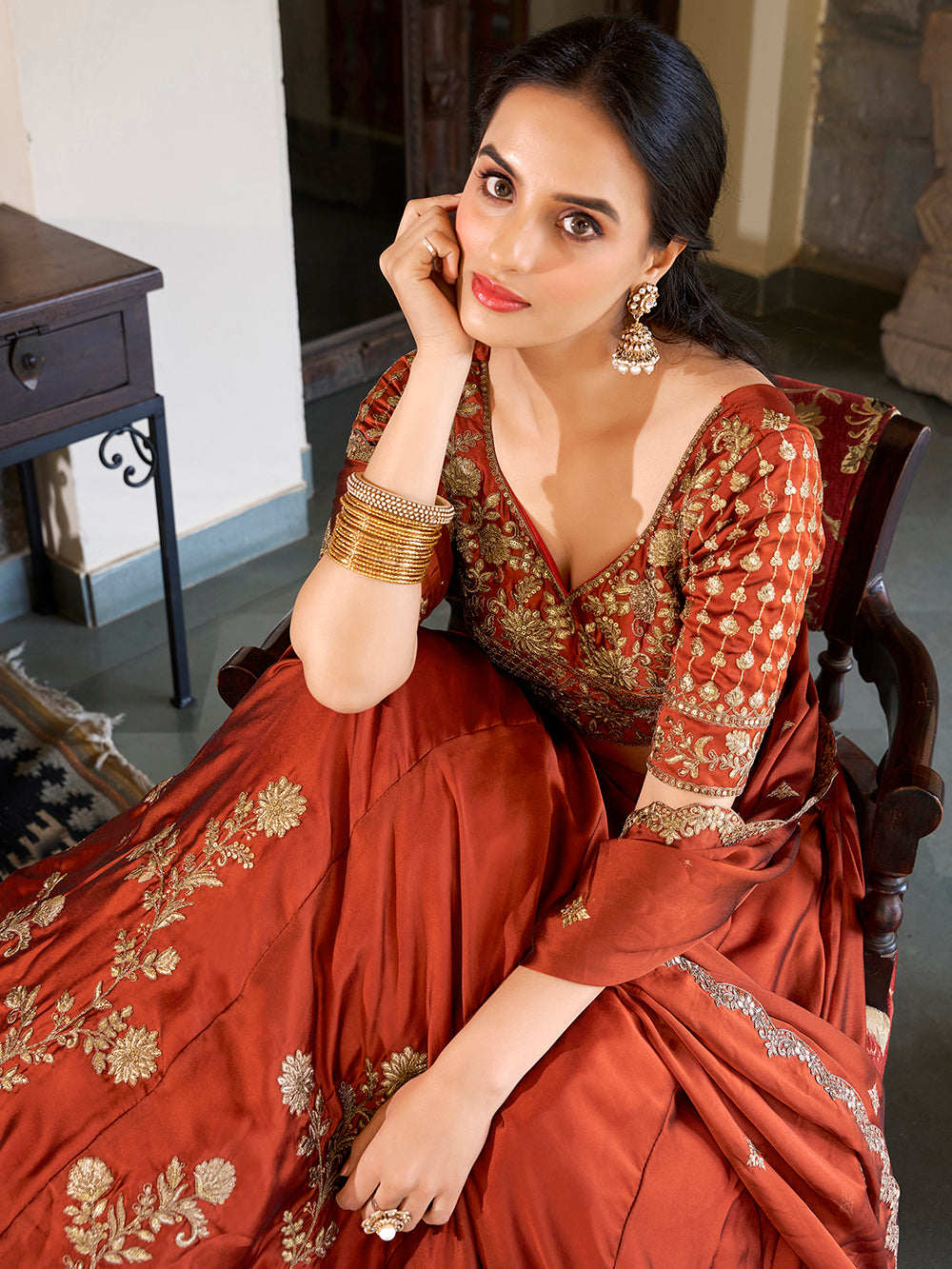 Rust Pure Rangoli Silk Sequins &amp; Thread Embroidery Work Lehenga Choli