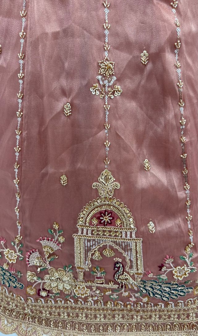 Pink Pure Chandnia Silk Handwork Motif Peacock Pattern Crystal Beads Multi Thread Dori &amp; Sequins Work Bridal Lehenga Choli