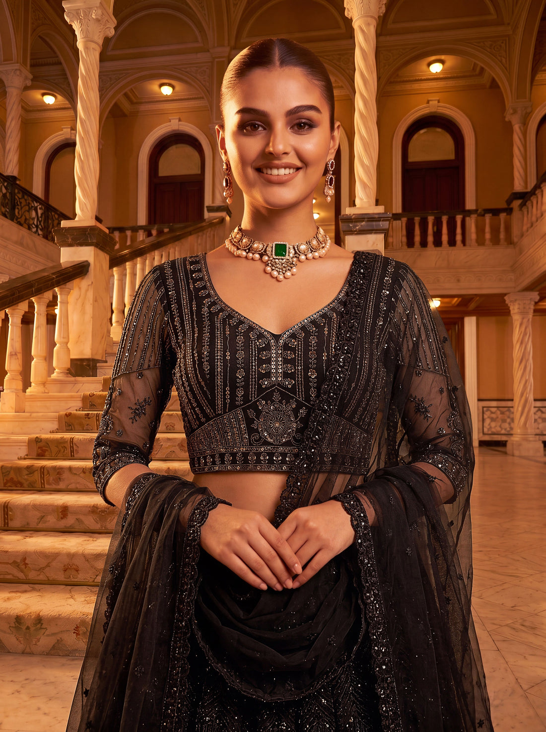 Z Black Pure Heavy Net Monochrome Sequins Zari Embroidery Work Net Bridal Lehenga Choli