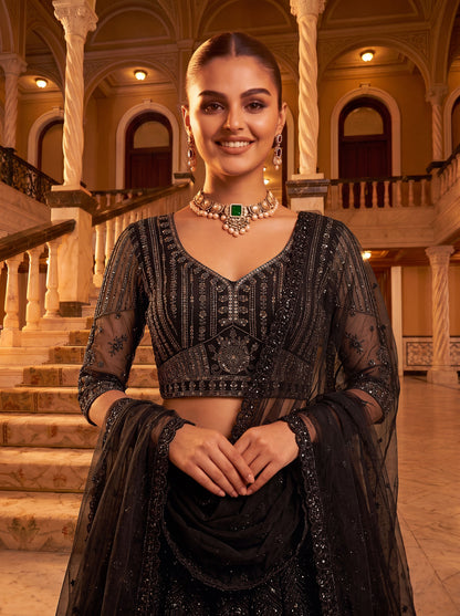 Z Black Pure Heavy Net Monochrome Sequins Zari Embroidery Work Net Bridal Lehenga Choli