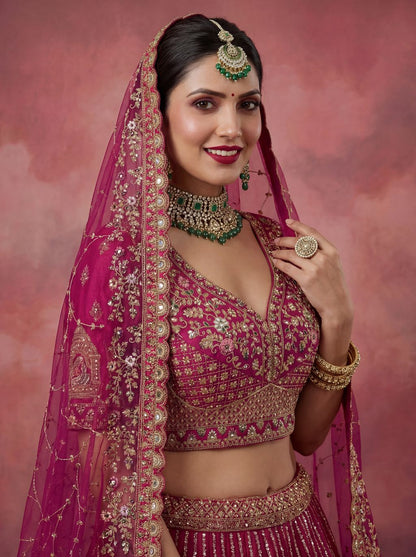 Pink Pure Soft Gadwal Silk Heavy Embroidery Work Bridal Lehenga 