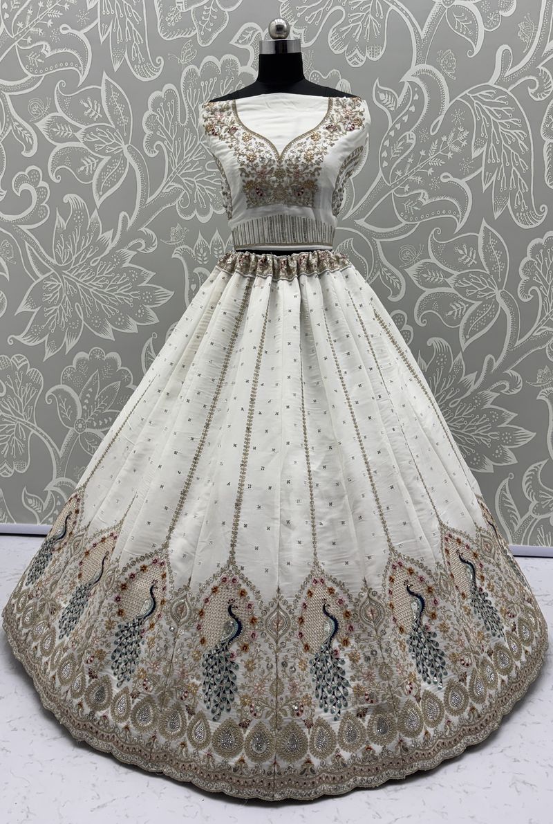 White Pure Soft Gadhwal Silk Heavy Embroidery Work Bridal Lehenga