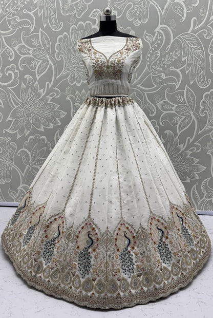 White Pure Soft Gadhwal Silk Heavy Embroidery Work Bridal Lehenga