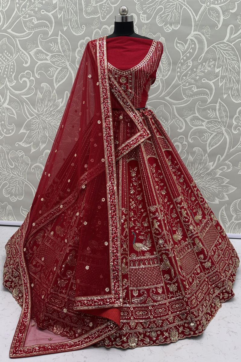 Red Pure Soft Silk Heavy Embroidery Work Bridal Lehenga