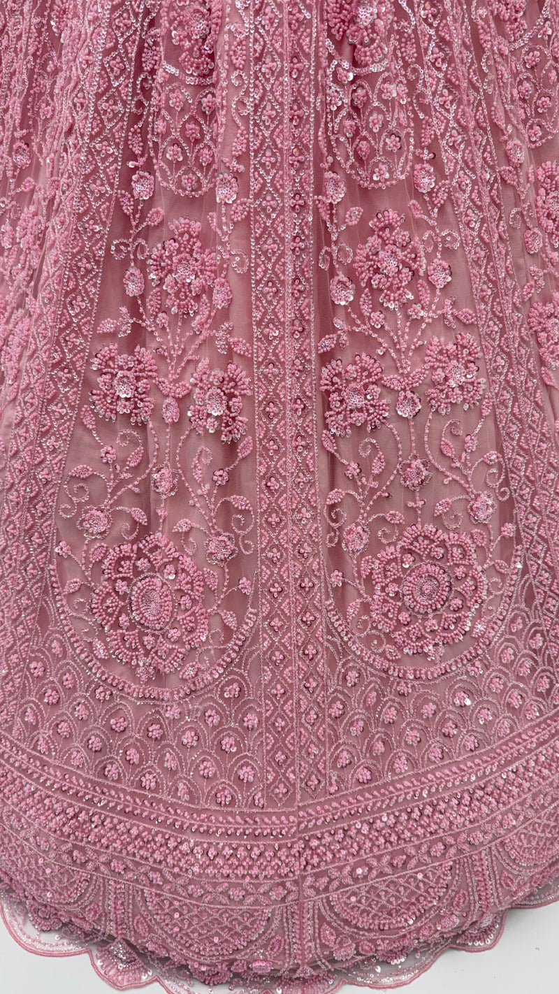 Pink Pure Heavy Net Motif Handwork Zari Sequins Work Bridal Lehenga Choli