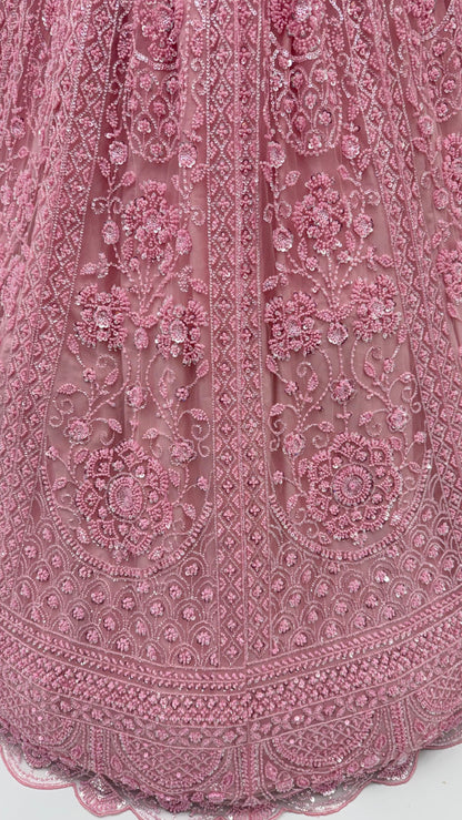Pink Pure Heavy Net Motif Handwork Zari Sequins Work Bridal Lehenga Choli