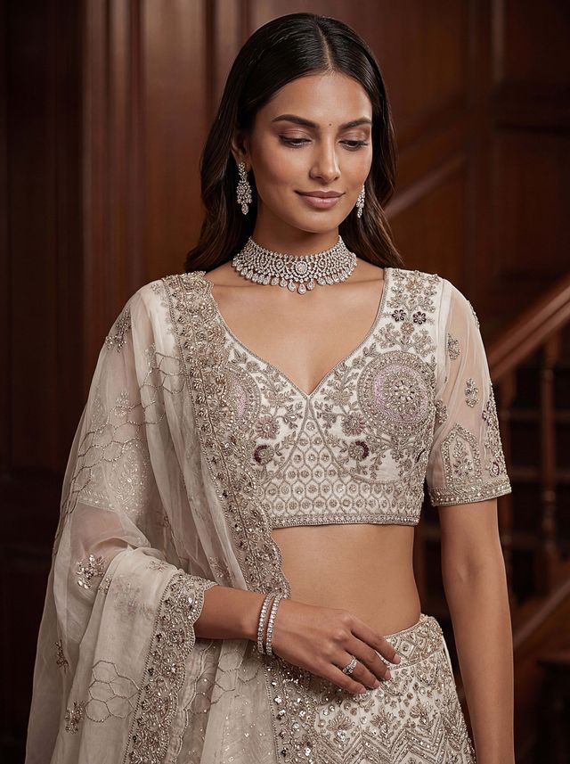 White Pure Soft Heavy Net Sequins Embroidery Work Bridal Lehenga 