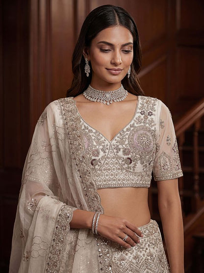 White Pure Soft Heavy Net Sequins Embroidery Work Bridal Lehenga 