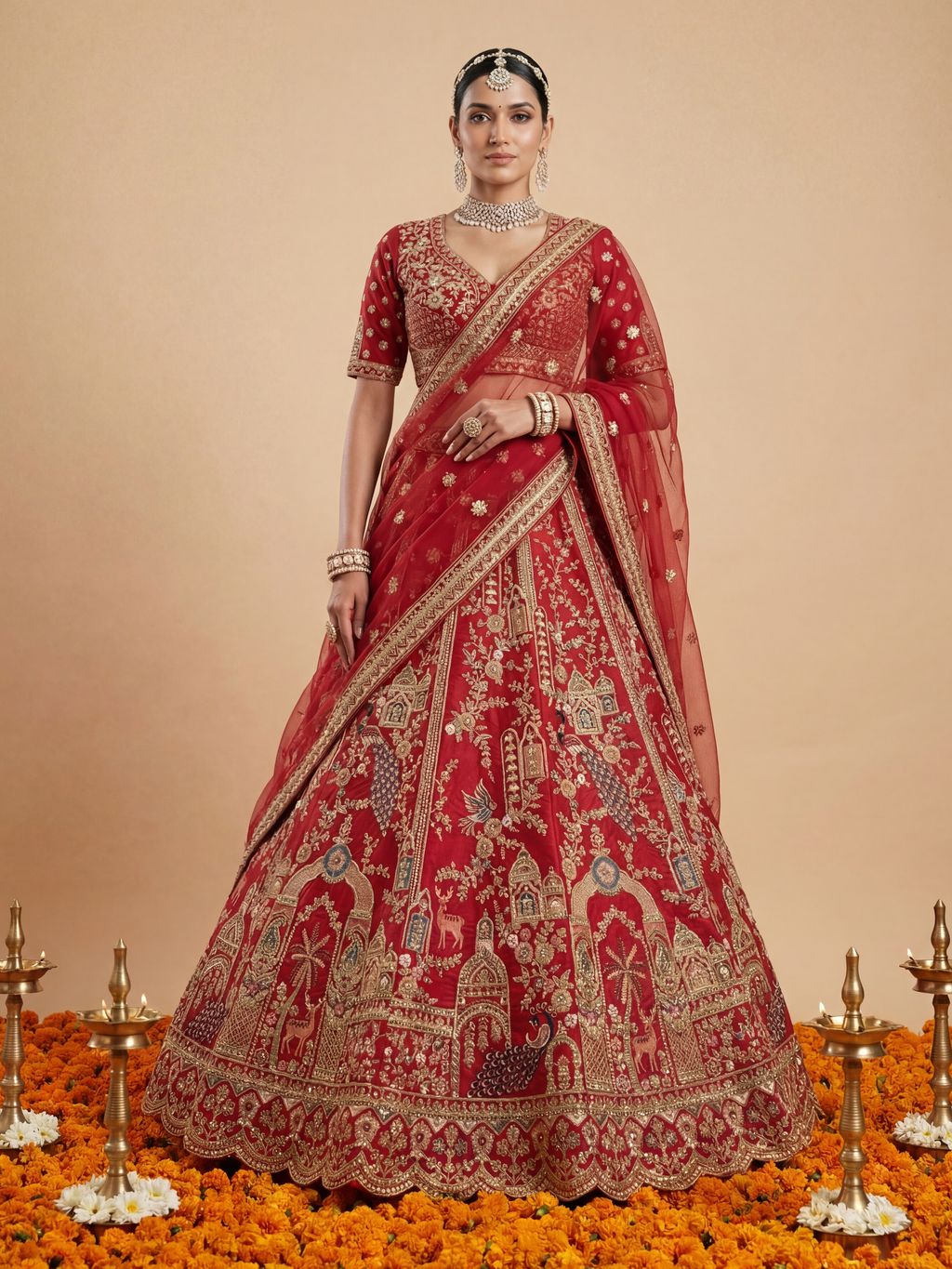Red Pure Soft Silk Heavy Embroidery Work Bridal Lehenga 
